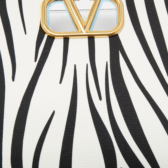 VALENTINO White/Black Zebra Print Canvas and Leather Small VLogo Tote - Picture 5 of 8